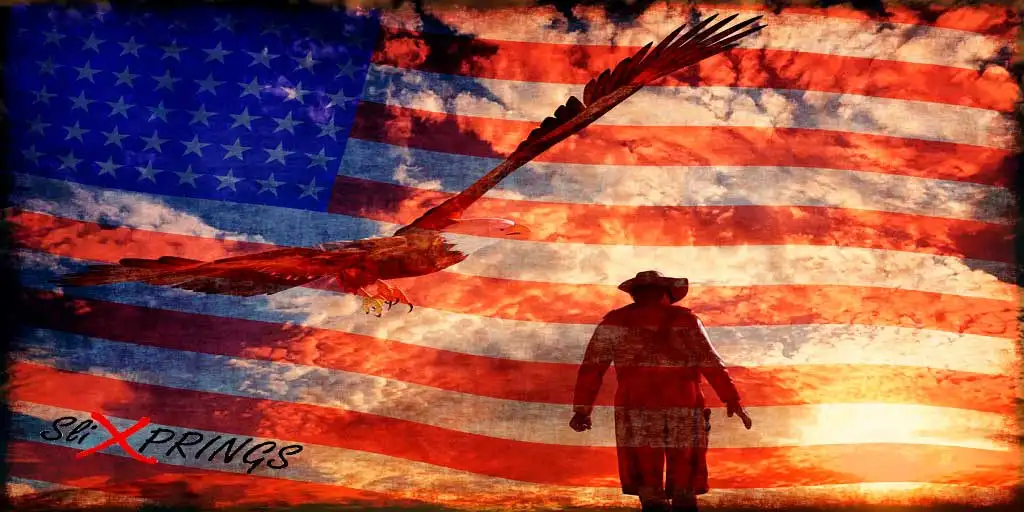 Cowboy with American flag and Bald Eagle