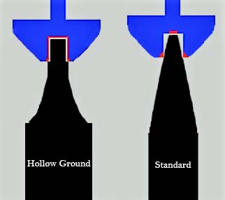 Hollow-ground firearm screwdriver tip compared with a standard tapered screwdriver tip inside slotted screw heads